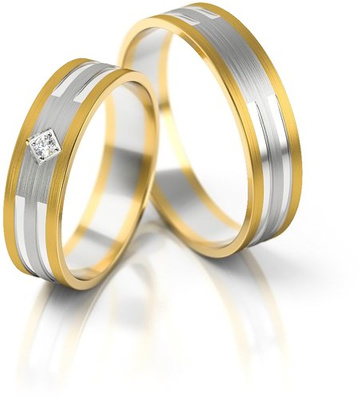 Obrączki ślubne płaskie ozdobione liniami i diamentem 5mm dwukolorowe białe i żółte złoto próba 585