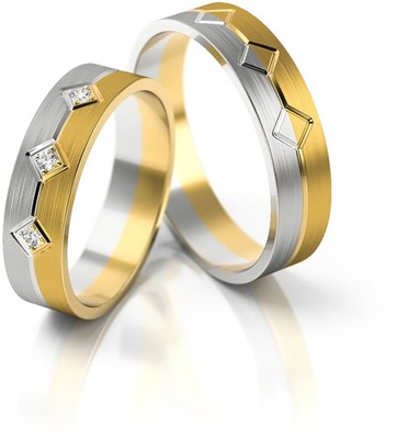 Obrączki ślubne płaskie ozdobione wzorem i kamieniami 5mm dwukolorowe białe i żółte złoto próba 585
