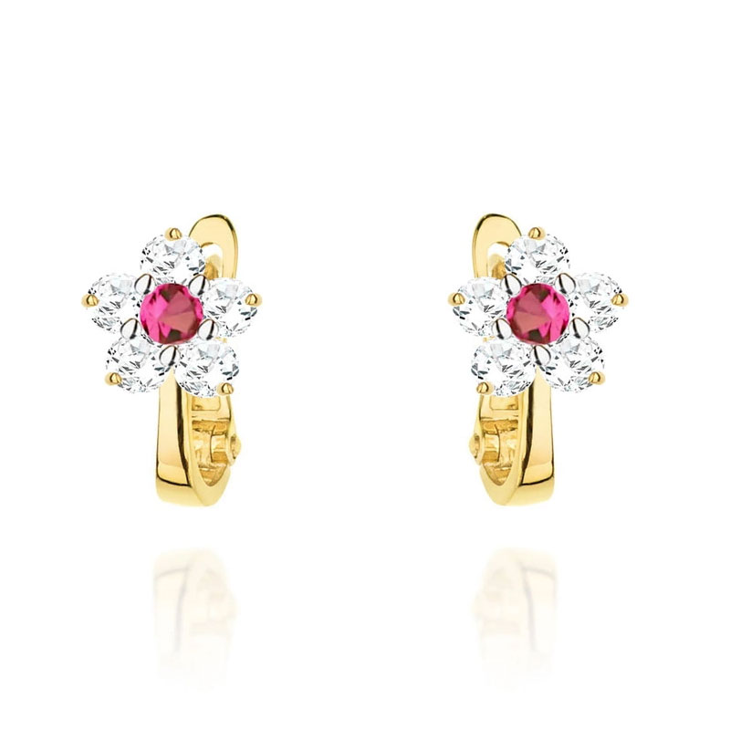 Kolczyki złote białe kwiatki z cyrkonii z różowym środkiem