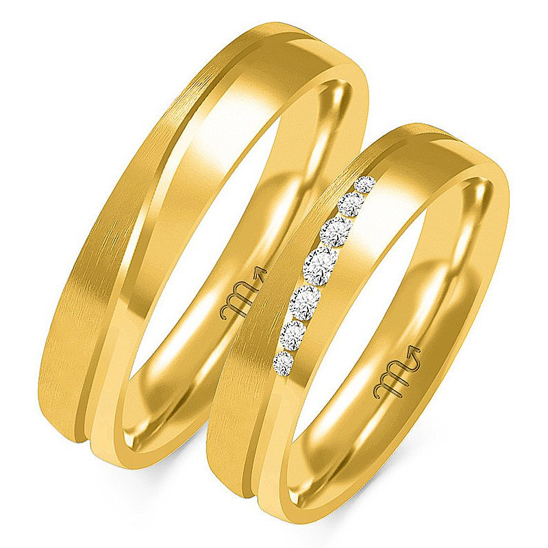 Obrączki ślubne płaskie z fugą i kamieniami 5mm dwukolorowe żółte i białe złoto próba 585