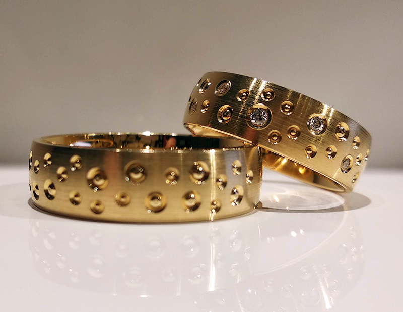 Nietypowe obrączki ślubne 6mm półokrągłe z kamieniami próba 585