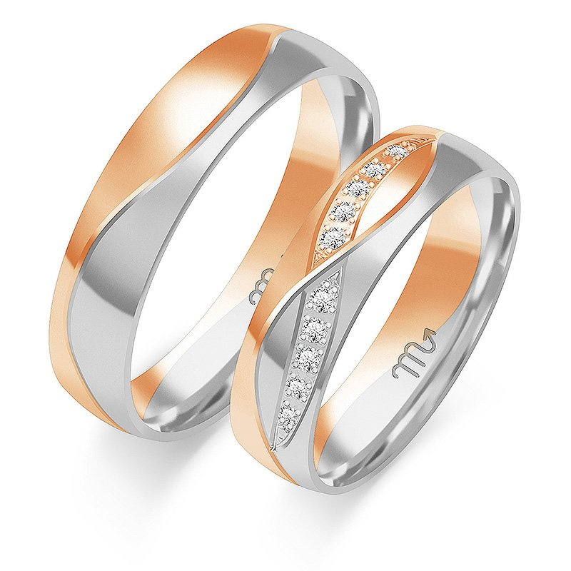 Obrączki ślubne półokrągłe z falami i kamieniami 5mm dwukolorowe z żółtego i białego złota próba 585