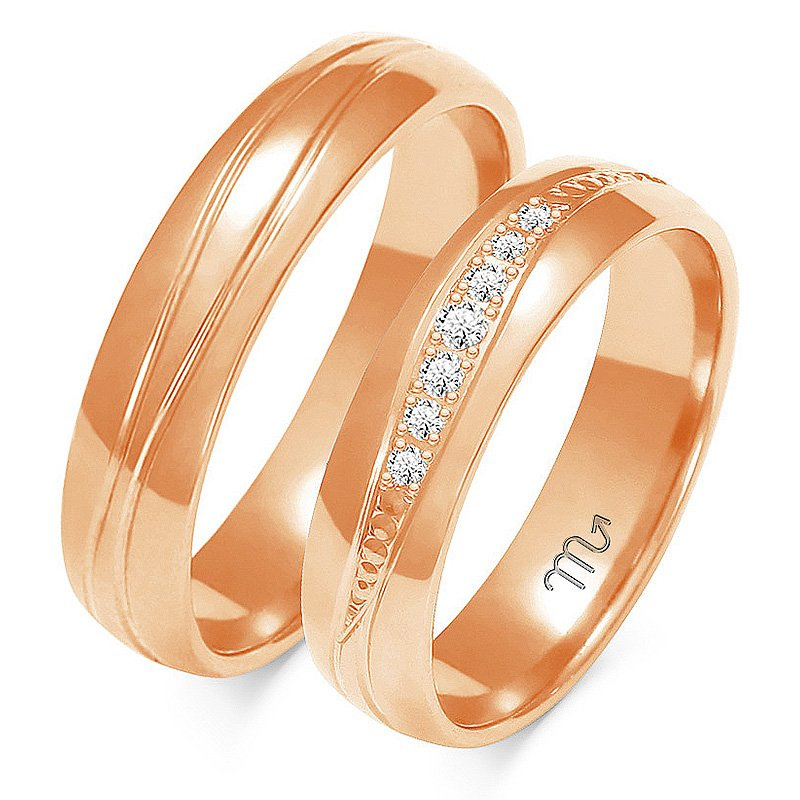 Obrączki ślubne 5mm półokrągłe z falami i kamieniami próba 585