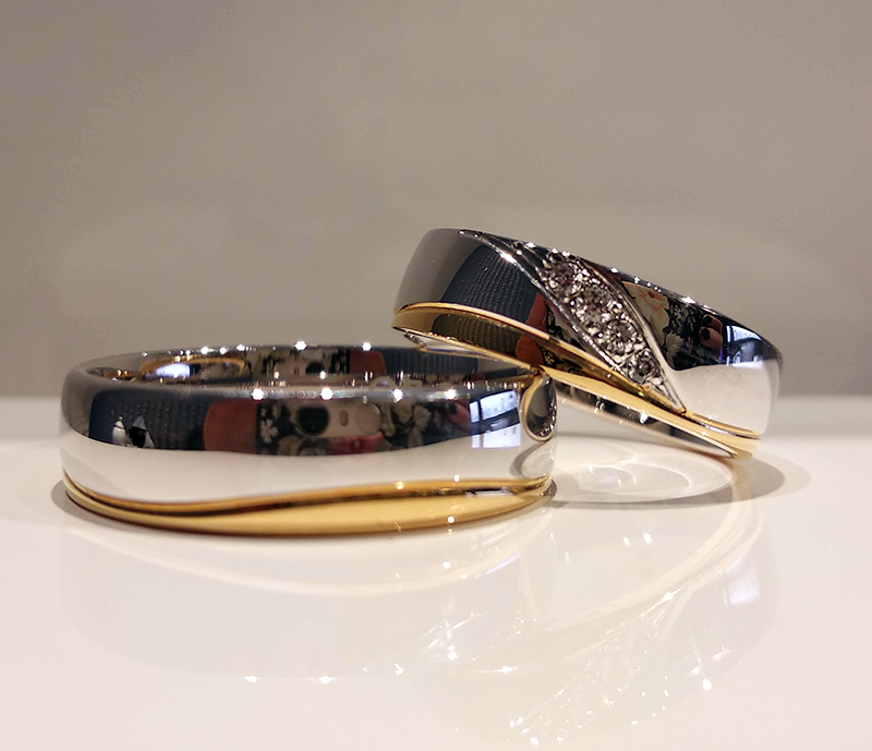 Obrączki ślubne półokrągłe 5,5mm z kamieniami dwukolorowe białe i żółte złoto próba 585