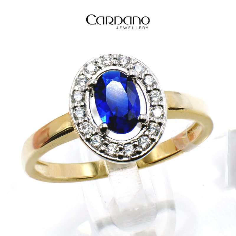 Żółty pierścionek z szafirem i diamentami