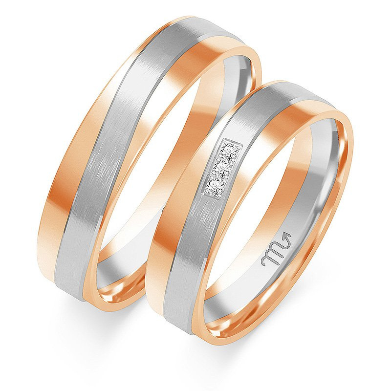 Obrączki ślubne płaskie 5mm z falą dwukolorowe żółte i białe złoto próba 585