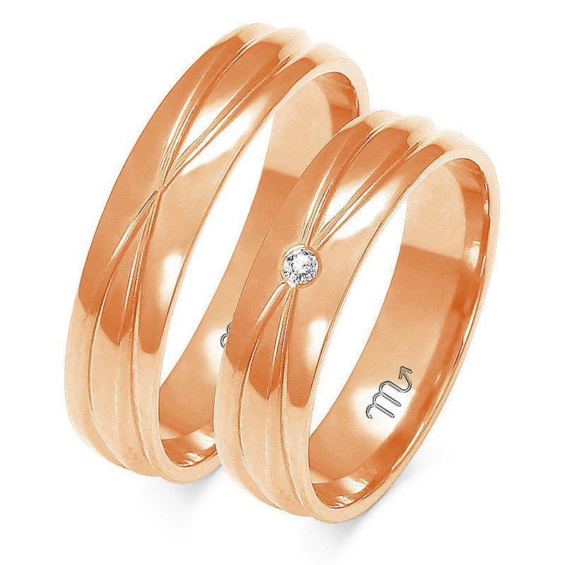 Obrączki ślubne 5mm półokrągłe z wzorem i kamieniem złoto próba 585