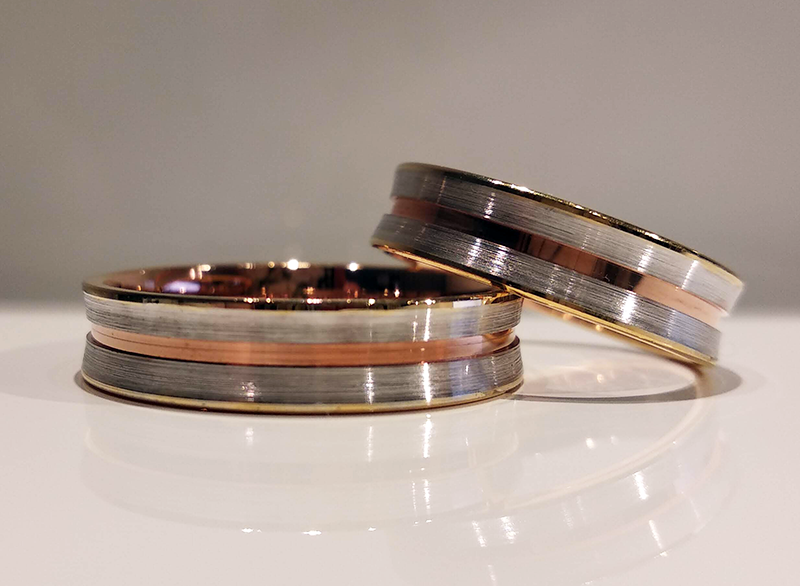 Nietypowe obrączki ślubne wklęsłe 5mm trójkolorowe z białego, żółtego i czerwonego złota próba 585