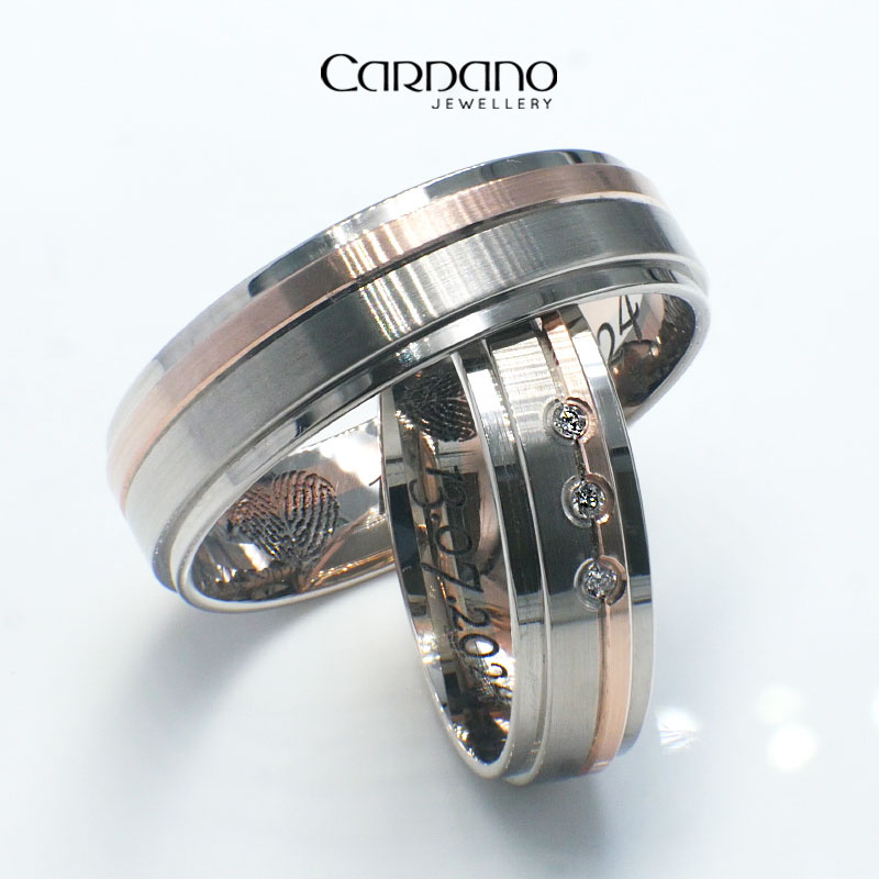 Płaskie obrączki ślubne 6mm z kamieniem dwukolorowe białe i czerwone złoto próba 585