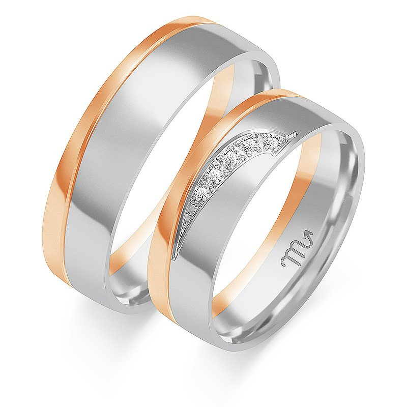 Obrączki ślubne półokrągłe 6mm z falą i kamieniami dwukolorowe z żółtego i białego złota próba 585