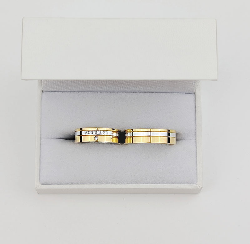 Obrączki ślubne płaskie 6mm z kamieniami dwukolorowe żółte i białe złoto próba 585