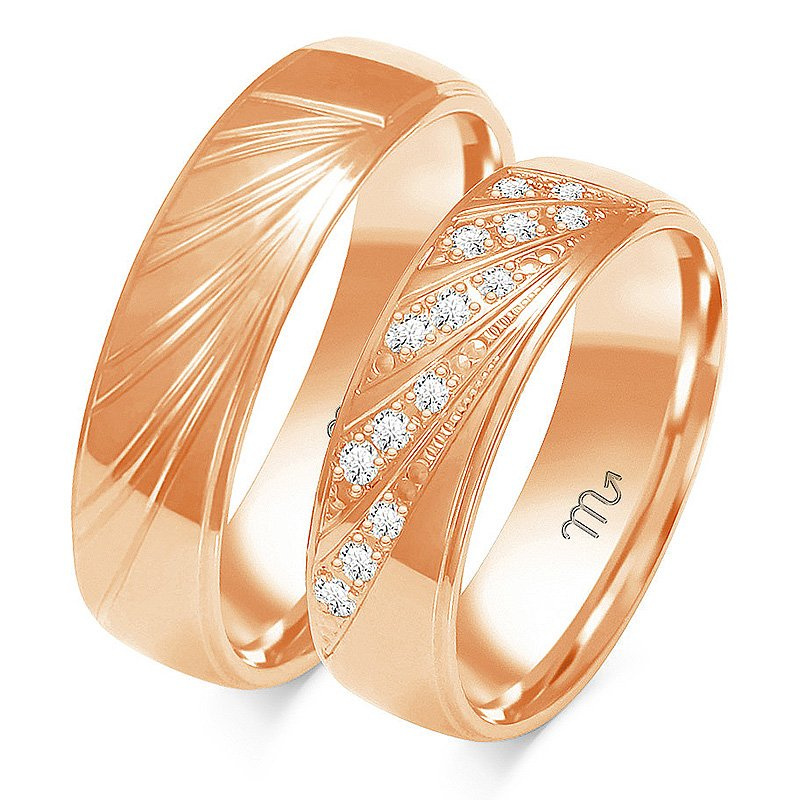 Obrączki ślubne półokrągłe 6mm ze wzorem i kamieniami dwukolorowe żółte i białe złoto próba 585