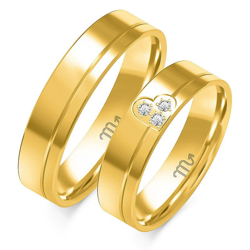 Obrączki ślubne płaskie z sercem 5mm dwukolorowe z żółtym i białym złotem próba 585