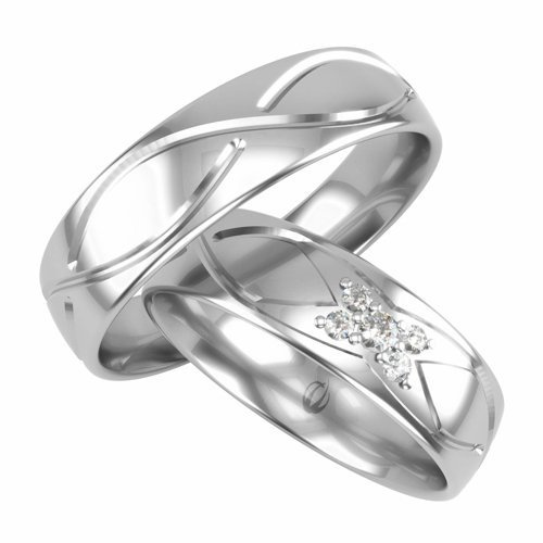 Obrączki ślubne półokrągłe 5mm ozdobione falami i kamieniami białe złoto próba 585