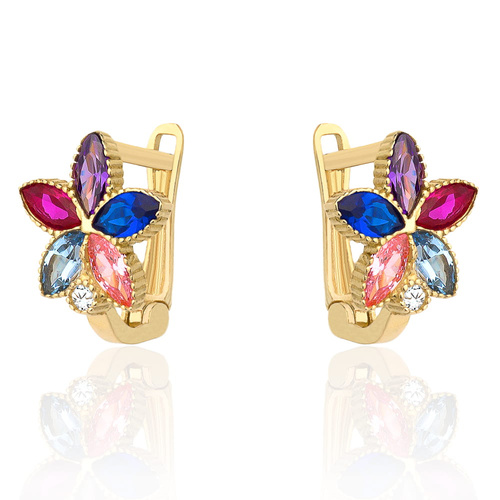 Kolczyki złote kwiatki z kolorowymi kamieniami