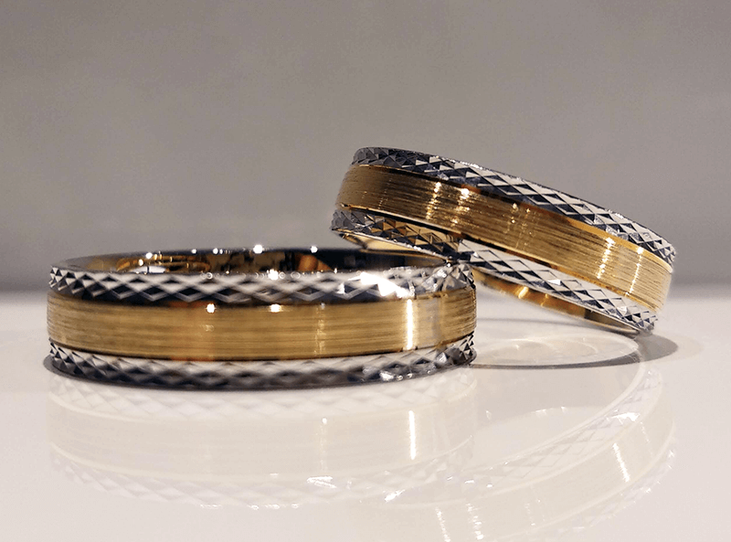 Obrączki ślubne płaskie diamentowane brzegi 6mm dwukolorowe białe i żółte złoto próba 585