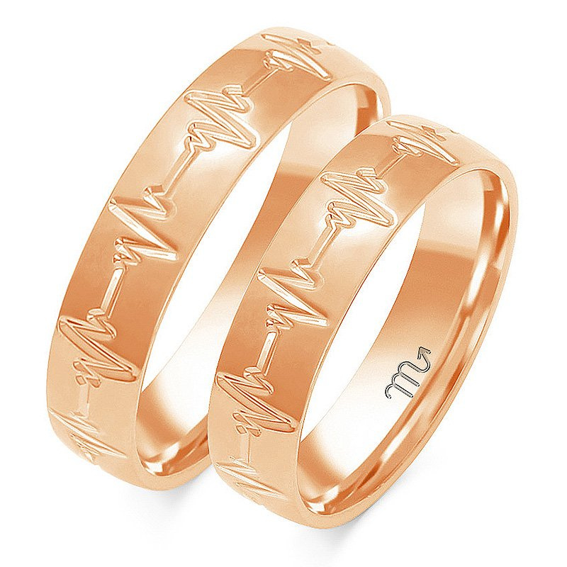 Obrączki ślubne półokrągłe 5mm z EKG bicia serca dwukolorowe żółte i białe złoto próba 585