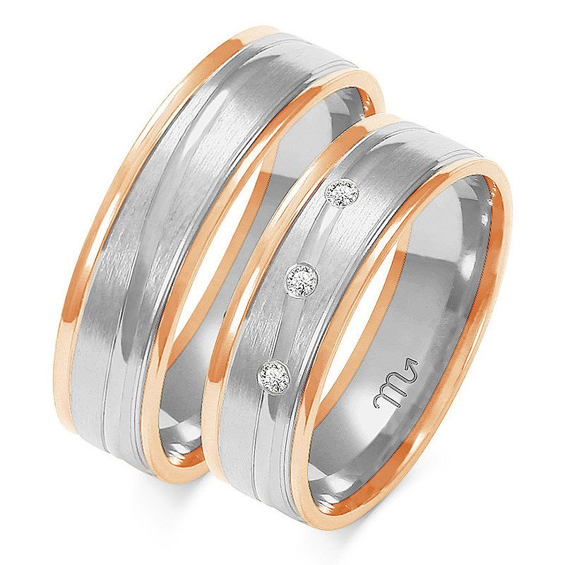 Obrączki ślubne płaskie 6mm z linią i kamieniami dwukolorowe białe i żółte złoto próba 585