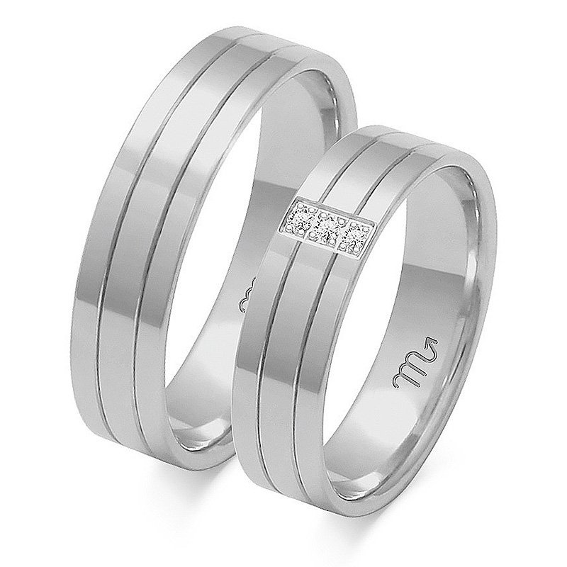 Obrączki ślubne płaskie 5mm z kamieniami dwukolorowe z żółtego i białego złota próba 585