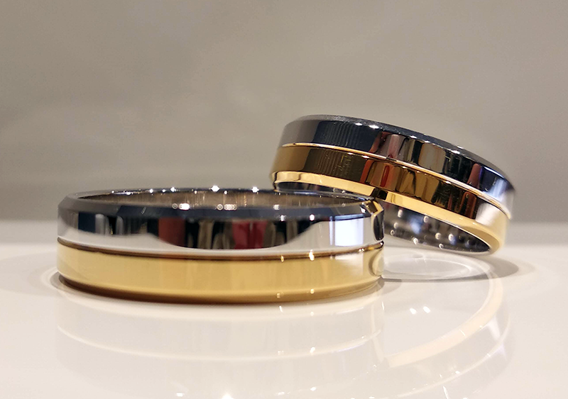 Obrączka ślubne płaskie fazowane 5,5mm dwukolorowe żółte i białe złoto próba 585