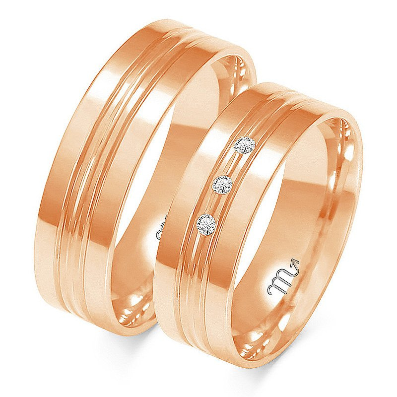 Obrączki ślubne płaskie ozdobione liniami i kamienia 6mm dwukolorowe żółte i białe złoto próba 585