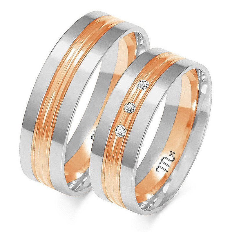 Obrączki ślubne płaskie ozdobione liniami i kamienia 6mm dwukolorowe żółte i białe złoto próba 585