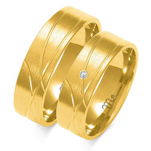 Obrączki ślubne płaskie 6mm z wzorem i kamieniem żółte złoto próba 585