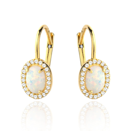 Kolczyk złoty Opal owalny otoczony cyrkoniami