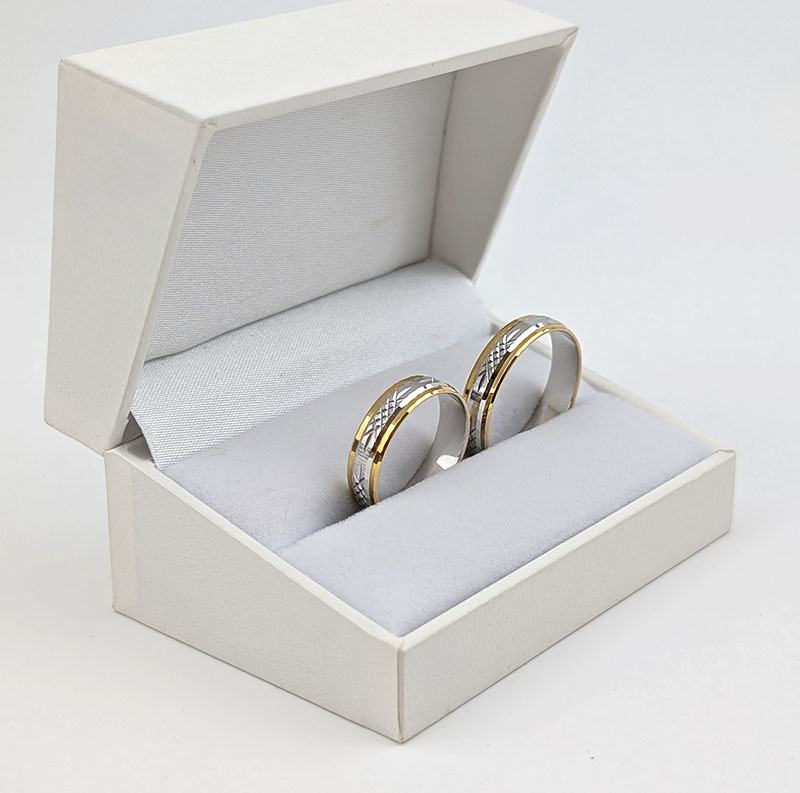 Obrączki ślubne półokrągłe 5mm ze wzorem dwukolorowe złoto żółte i białe próba 585