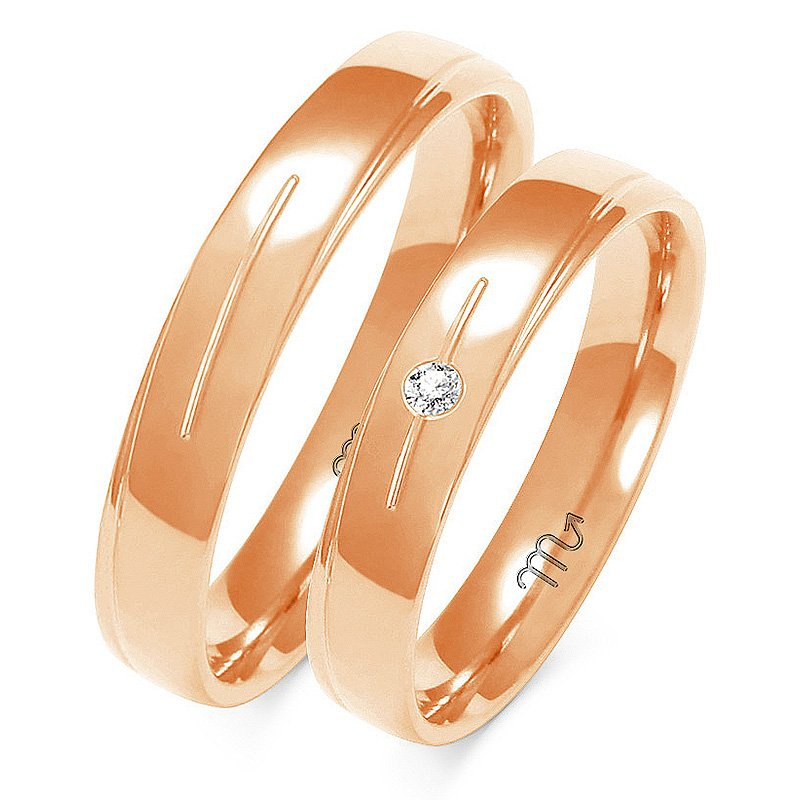 Obrączki ślubne 4mm półokrągłe z falą i kamieniem złoto 585