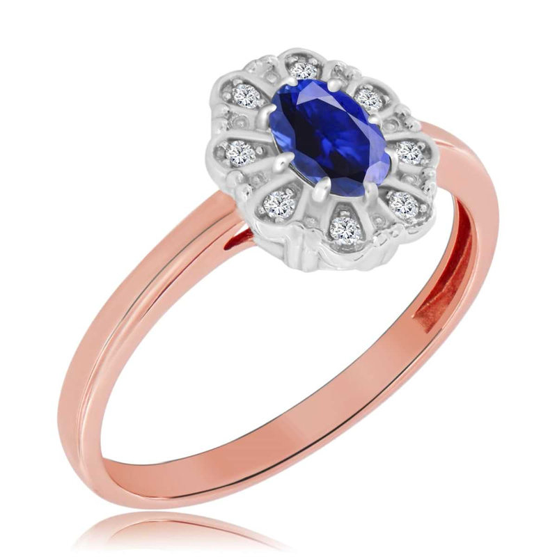 Pierścionek z szafirem i diamentami tworzący kwiat różowe złoto 585