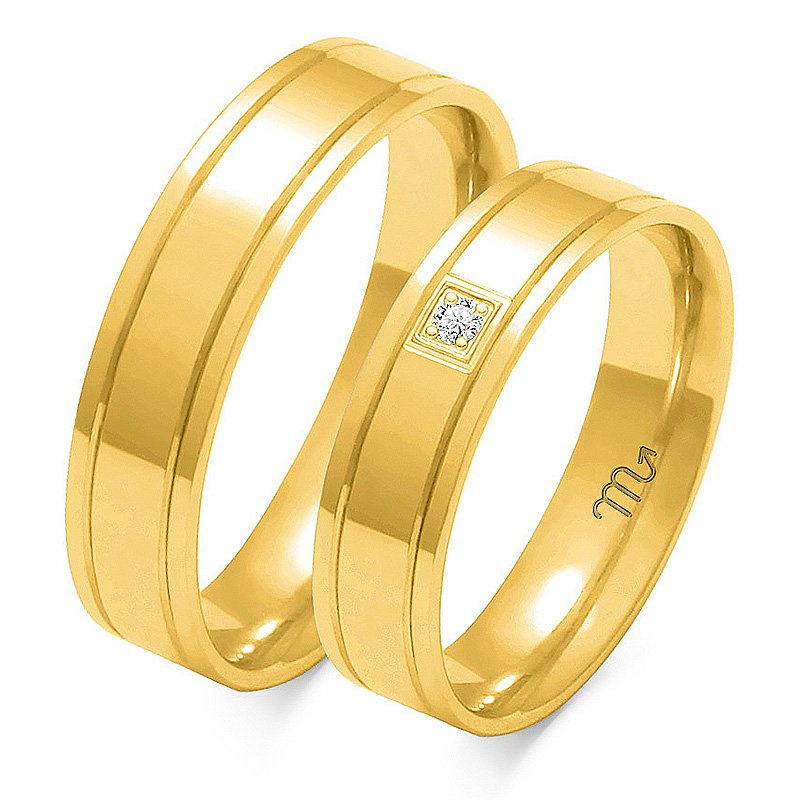 Obrączki ślubne płaskie 5mm z kamieniem dwukolorowe żółte i białe próba 585