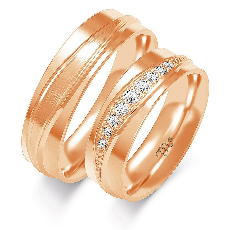 Obrączki ślubne 6mm z falami i kamieniami złote próba 585