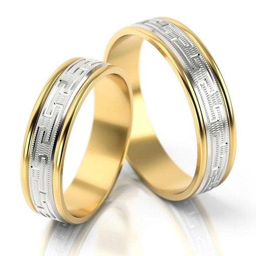 Obrączki ślubne płaskie ozdobione wzorem 5mm dwukolorowe białe i żółte złoto próba 585