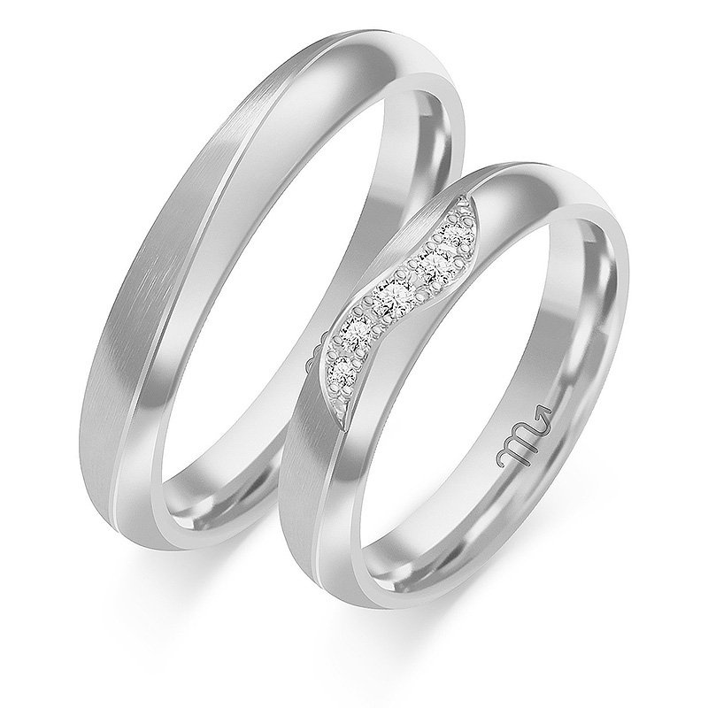 Obrączki ślubne półokrągłe 4mm z linią i kamieniami dwukolorowe żółte i białe złoto próba 585