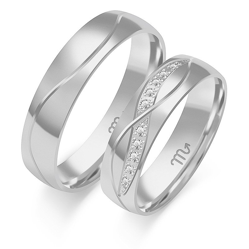 Obrączki ślubne półokrągłe z falami i kamieniami 5mm dwukolorowe z żółtego i białego złota próba 585