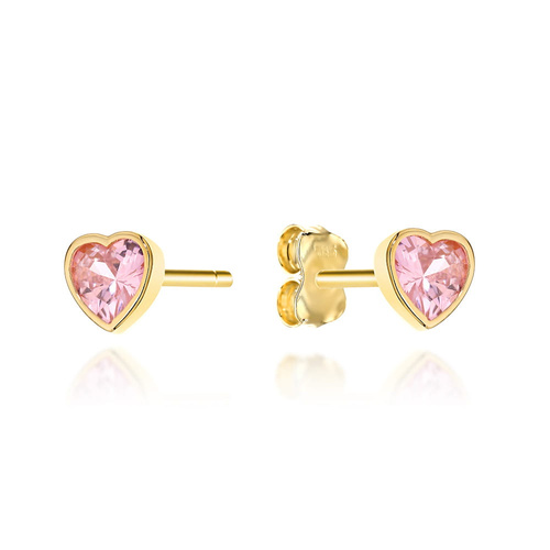 Kolczyki złote serduszka z różowym kamieniem