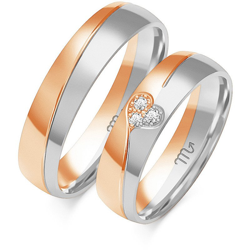 Obrączki ślubne półokrągłe z motywem serca i kamieniami 5mm próba 585