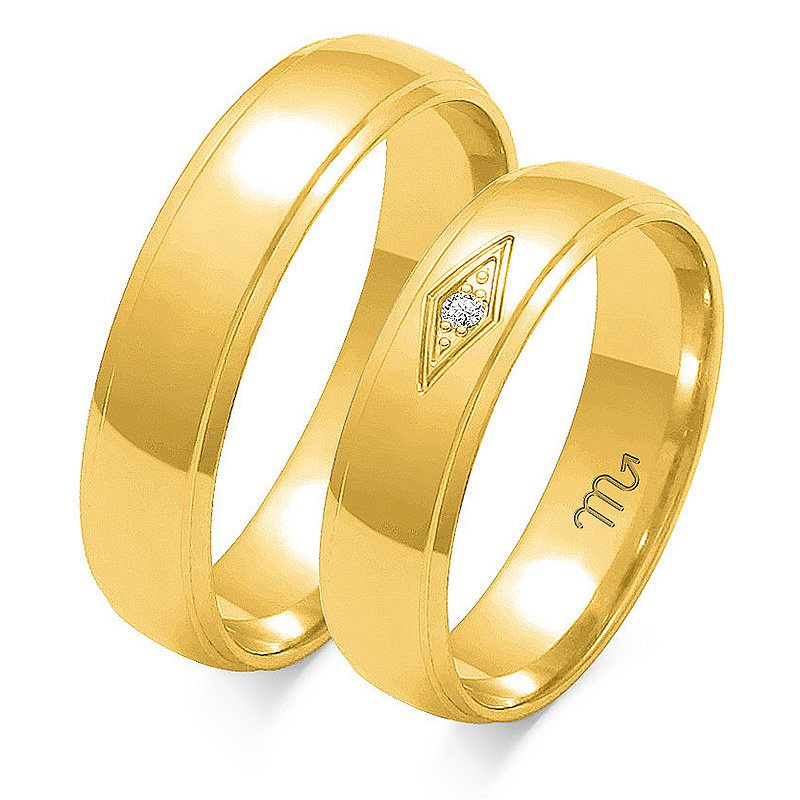 Obrączki ślubne półokrągłe 5,0mm ozdobione kamieniem dwukolorowe żółte i białe próba 585