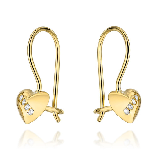 Kolczyki złote serduszka z cyrkoniami na biglu