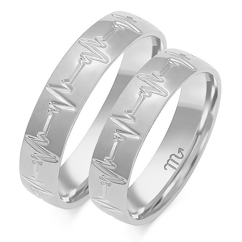 Obrączki ślubne półokrągłe 5mm z EKG bicia serca dwukolorowe żółte i białe złoto próba 585