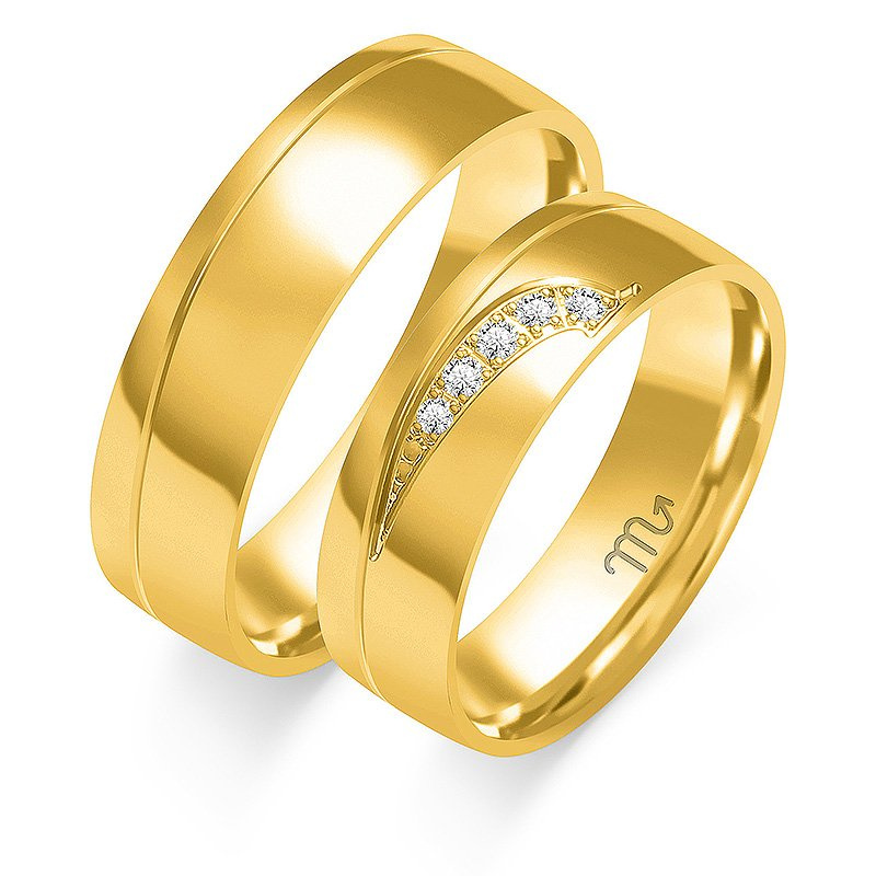 Obrączki ślubne półokrągłe 6mm z falą i kamieniami dwukolorowe z żółtego i białego złota próba 585