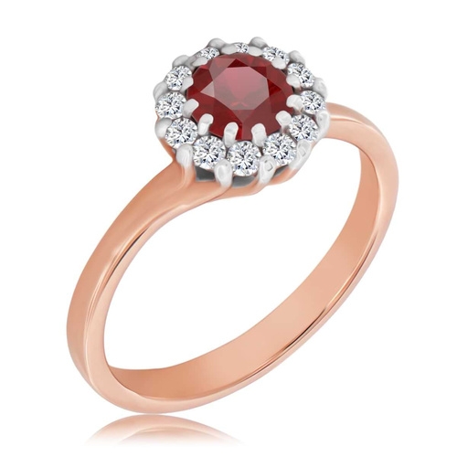 Różowy pierścionek z rubinem i diamentami 
