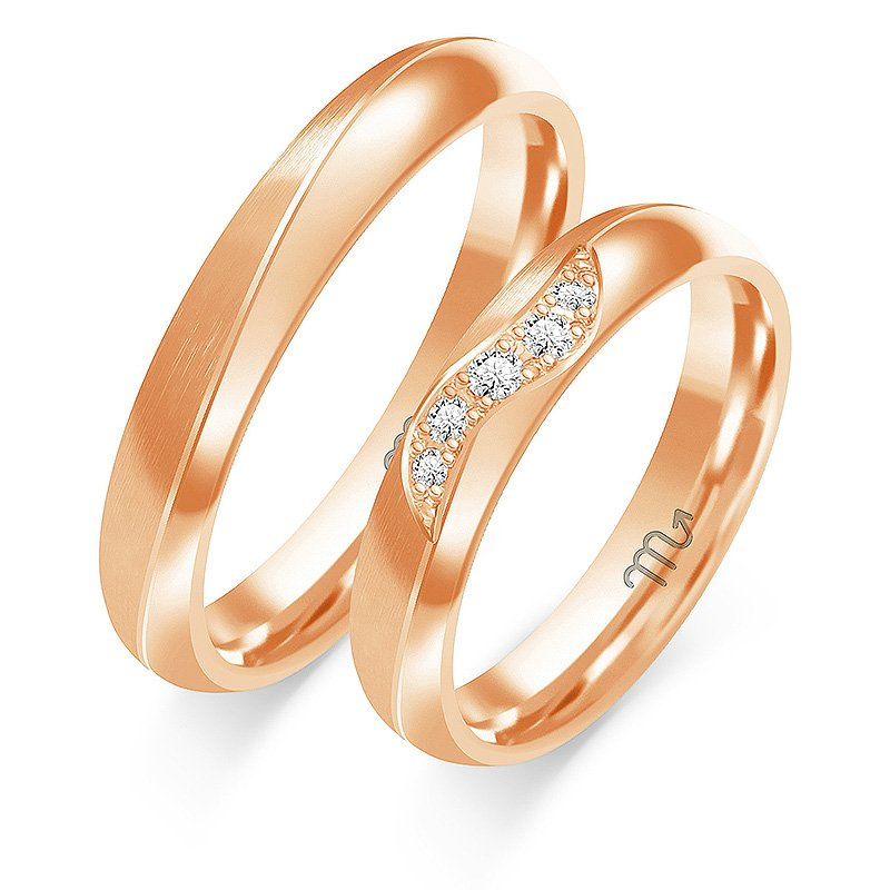 Obrączki ślubne półokrągłe 4mm z linią i kamieniami dwukolorowe żółte i białe złoto próba 585