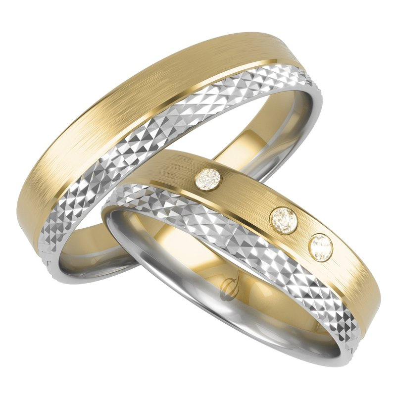 Męska obrączka ślubna płaska 5mm ze zdobieniem dwukolorowa z żółtego i białego złota próba 585