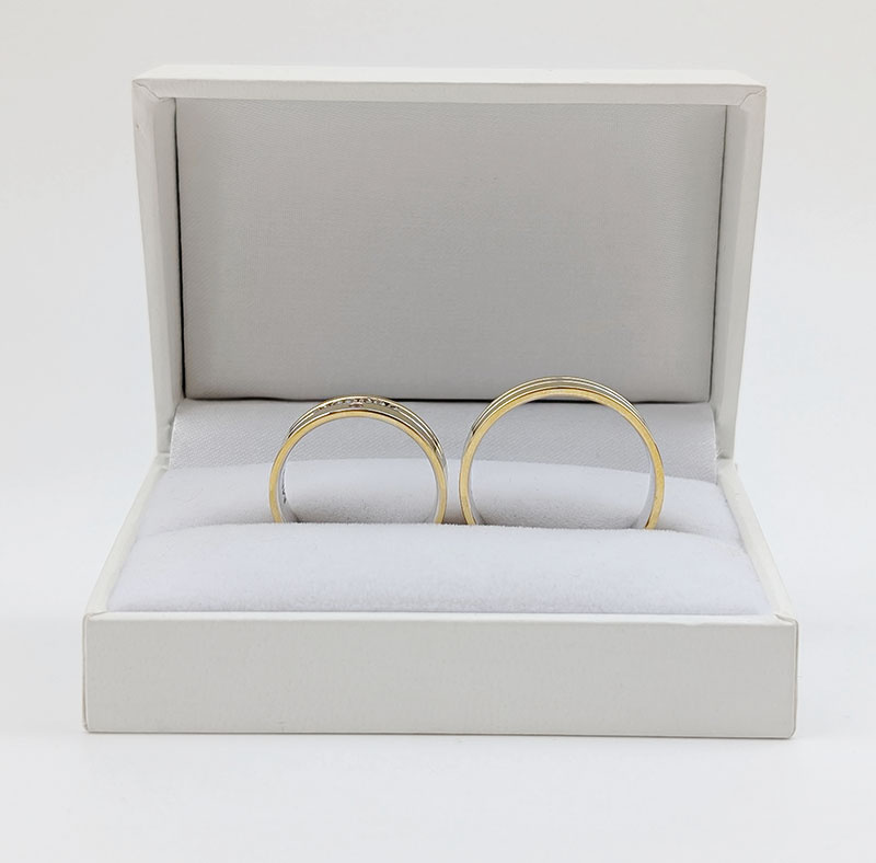 Obrączki ślubne płaskie 6mm z kamieniami dwukolorowe żółte i białe złoto próba 585