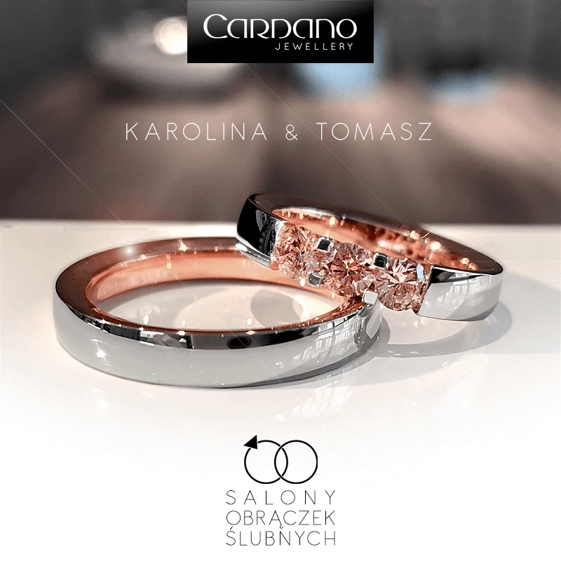 Obrączki ślubne półokrągłe z różowymi kamieniami 4mm dwukolorowe białe i czerwone złoto próba 585