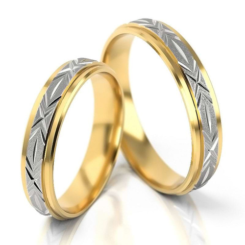 Obrączki ślubne płaskie 4,3mm ozdobione wzorem dwukolorowe złoto żółte i białe próba 585