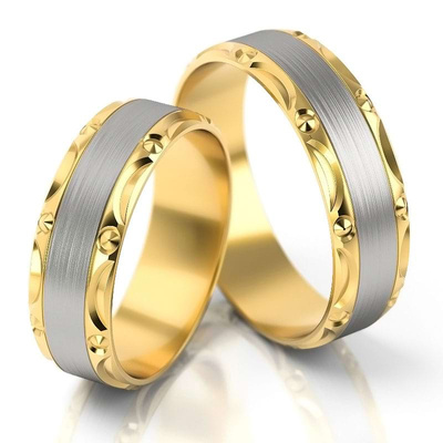 Obrączki ślubne z eleganckim zdobieniem 6mm dwukolorowe białe i żółte złoto próba 585
