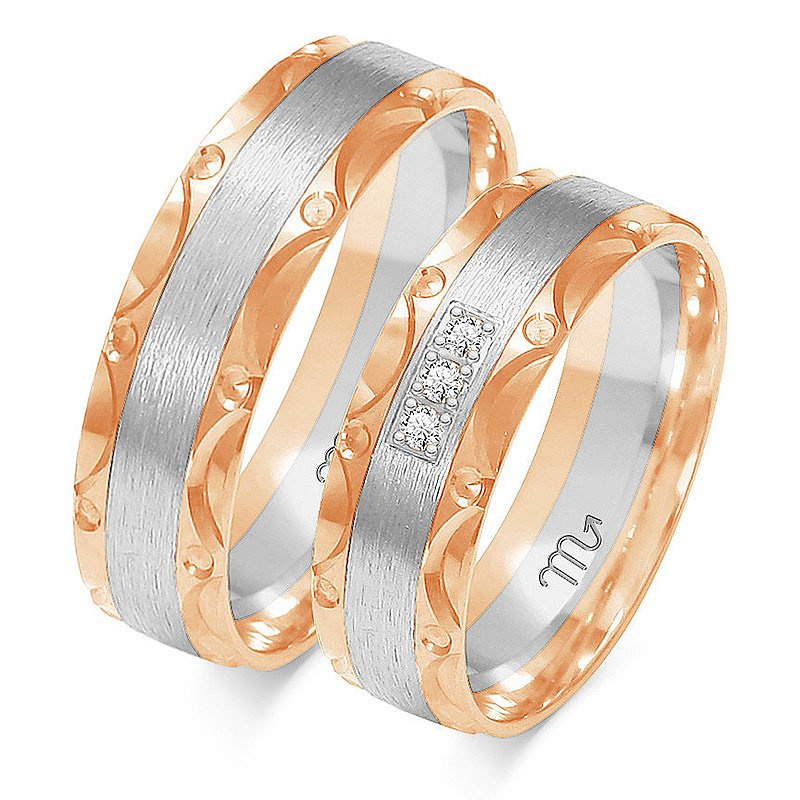 Obrączki ślubne płaskie 6mm bogato zdobione dwukolorowe żółte i białe złoto próba 585